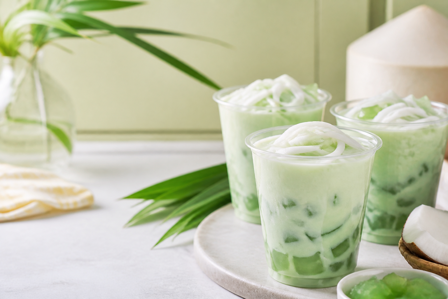 Buko Pandan dalam cup bening dengan kelapa muda dan jelly pandan